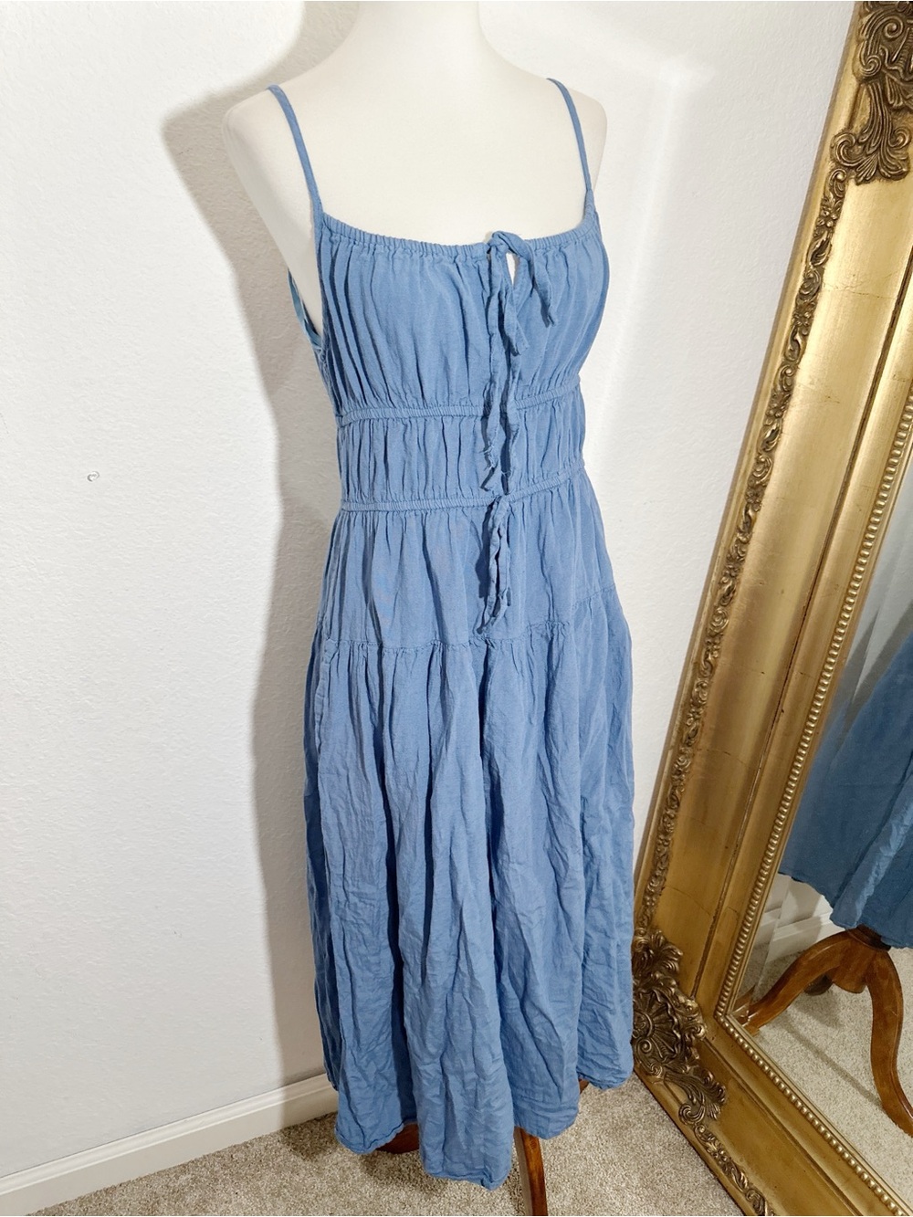 Sim & Sam Linen Blend Tie Bust Tiered Midi Dress Size Large in Blue